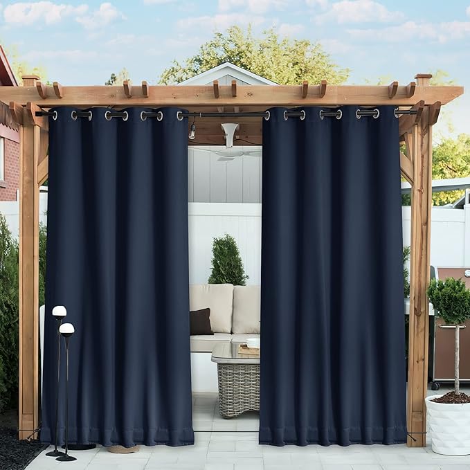 NICETOWN 2 Panels Weighted Blackout Curtains for Patio Waterproof, Top & Bottom Grommet & Back Tab Fixed Outdoor Curtains Windproof Drapes Thermal Insulated for Porch, W52 x L84, Navy Blue