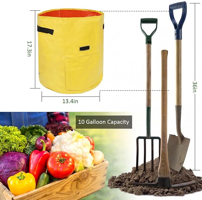 JJGoo Potato Grow Bags, 4 Pack 10 Gallon with Flap and Handles Planter Pots for Onion, Fruits, Tomato, Carrot - Yellow