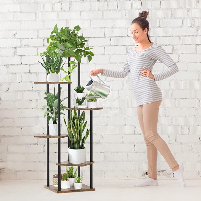 6 Tier Tall Plant Stand Indoor Outdoor, Large Wood Metal Planter Shelf Holder for Narrow Corner, Sturdy Vertical Multiple Flower Orchid Pot Decorative Rack for House Living Room Bedroom Office, Rustic Black