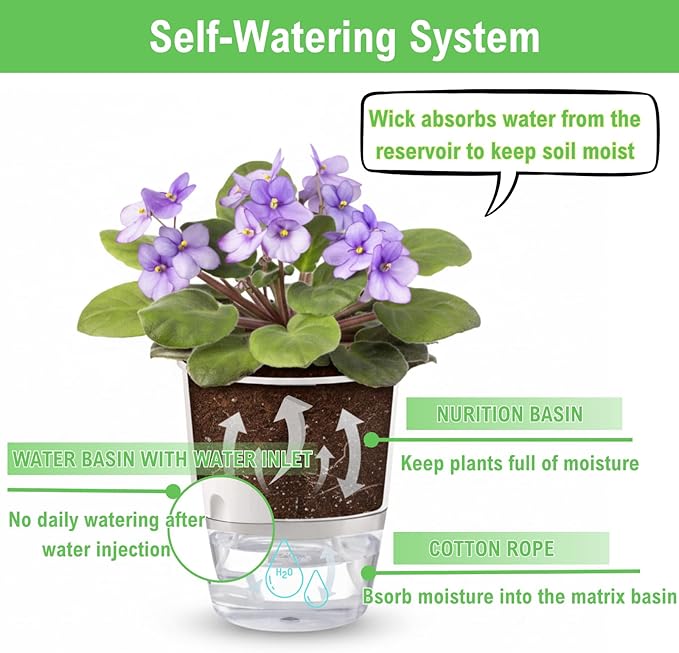3.2 Inch Self Watering Planters Plastic Planter Pots 3 Pack Wicking Flower Pots Modern Decorative Planter for Small African Violets House Plants,Herbs,Indoor Outdoor Plant (White)