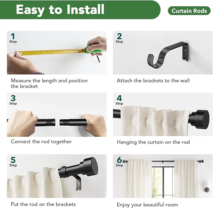 Time Forest Curtain Rods for Windows 32 to 170, 1 Inch Adjustable Black Heavy Duty Long Window Outdoor Curtain Rod for Patio, Modern Drapery Rods with Simple End Caps, Size 32"-170"