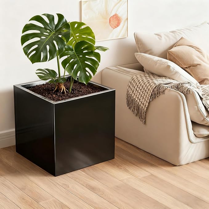 Metal Large Planter Box 26" L x 26" W x 26", Heavy Duty Tall Rectangle Outdoor Planter Box with Removable Insert Shelves for Porch, Garden, Patio, Yard (Black)