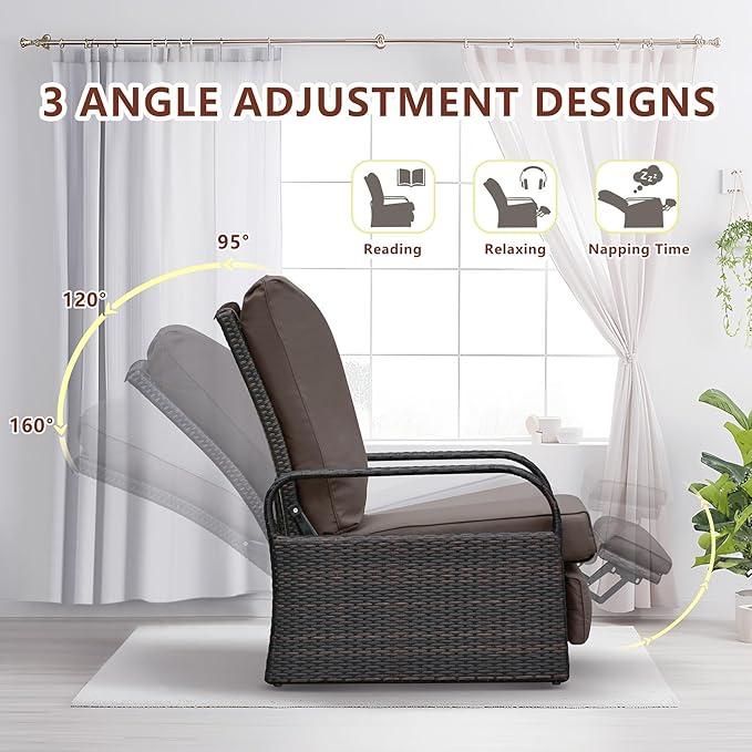 ATR ART TO REAL Outdoor Recliner, Outdoor Wicker Recliner Chair with 5.5'' Thickness Cushions, Automatic Adjustable Rattan Patio Chaise Lounge Chairs, Aluminum Frame, Anti-UV and Rustless