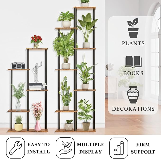 Plant Stand Indoor 5 Tier 6 Potted Metal Wood Plant Shelf, Multiple Flower Pots Corner Tall Plant Holder Stands for Living Room Balcony Bedroom, Rustic Brown