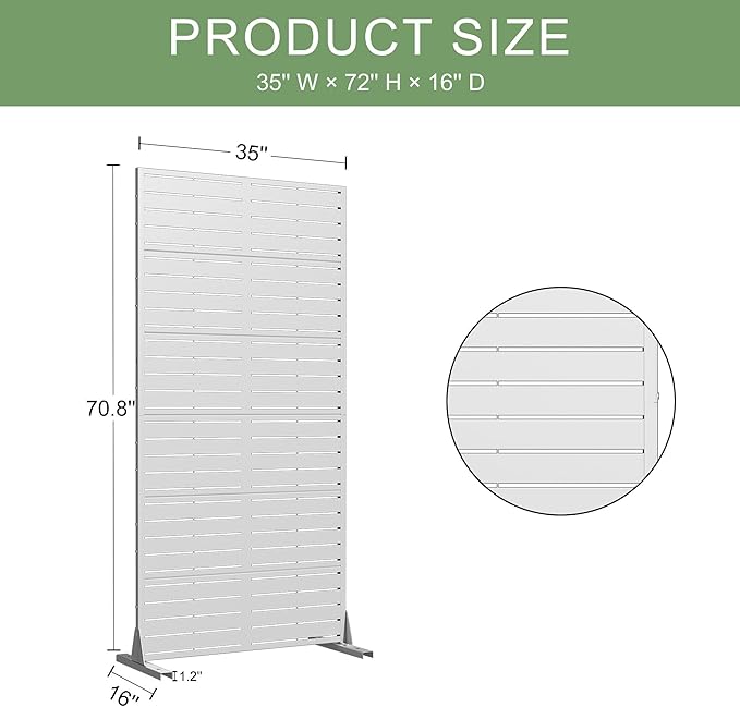 Casaphoria Metal Privacy Screen Outdoor, 72" H x 35" W Freestanding Decorative Privacy Screen for Patio Deck Balcony Garden with Stable Base, White-Louvered