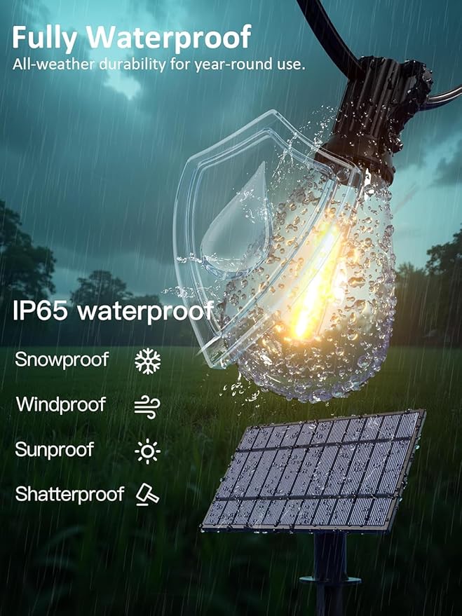 luckystyle 50FT Solar String Lights Outdoor Waterproof 2200K with Remote & USB Charging, 18+1 LED Shatterproof Bulbs, Dimmable & Timable, 3 Light Modes, Long Last for Garden,Patio, Backyard, Camping