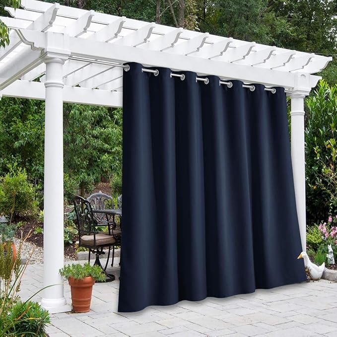 NICETOWN Outdoor Curtain for Patio Waterproof Extra Wide 100", Blackout Vertical Blinds Thermal Insulated Stainless Steer Grommet Indoor Outdoor Divider for Public Space, Navy Blue, 1 Piece, 84" L