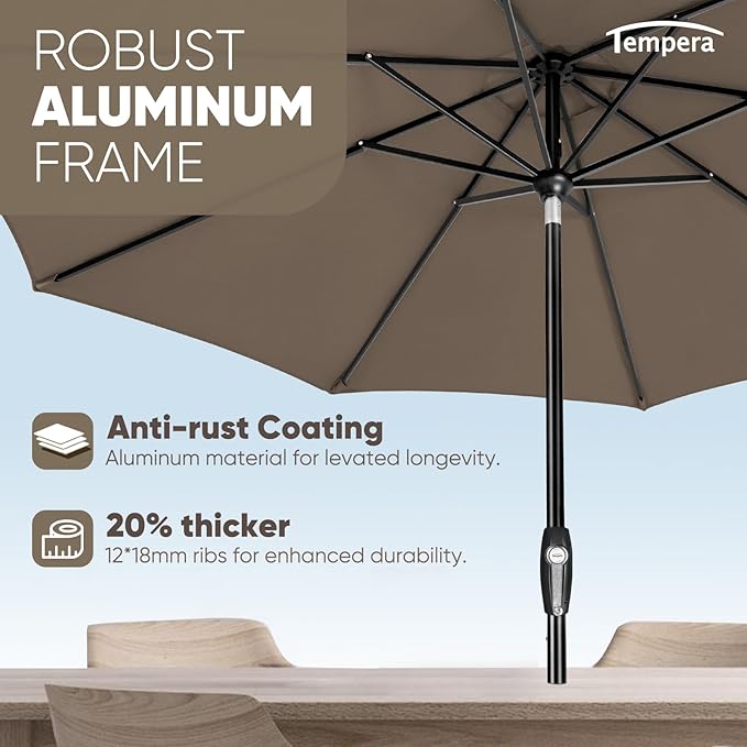 Tempera Patio Market Outdoor Table Umbrella with Auto Tilt and Crank, Large Sun Umbrella with Sturdy Pole & Fade Resistant Canopy, Easy to Set