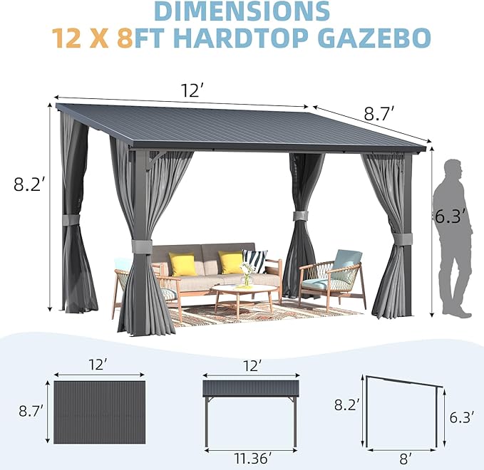 AECOJOY 12'x8' Outdoor Hardtop Gazebo Pergola with Curtains and Netting for Patio, Large 8x12 Steel Heavy Duty Lean to Wall-Mounted Pergolas and Grill Gazebos Clearance, Metal Roof Awnings for Decks