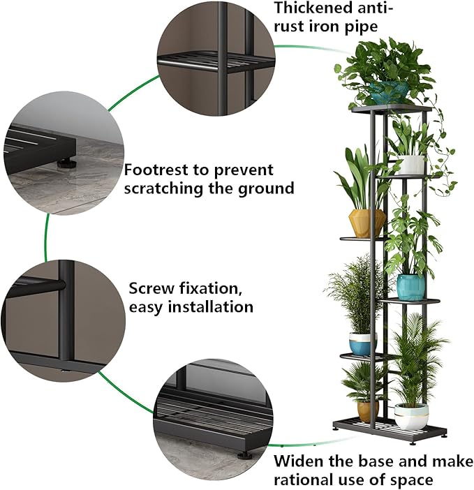 LINZINAR Plant Stand Indoor Outdoor Metal 6 Tier 7 Potted Multiple Flower Pot Holder Shelf Planter Display Shelving Unit for Patio Garden Corner Balcony Living Room (6 Tier 7 Potted, Dark Grey)