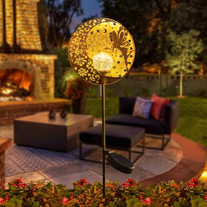 Tryme Solar Fairy Garden Lights - Moon Star Glass Globe Pathway Stake, Waterproof Outdoor Decorative Lights for Patio, Yard, Lawn