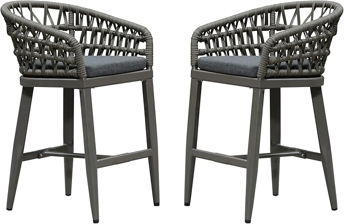 PURPLE LEAF Outdoor Rattan 24" Counter Height Bar Stools Chair Set of 2, Modern Patio Wicker Barstool with Backrest for Indoor and Outdoor, Kitchen Island, Smoke Grey