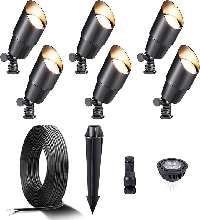 Gardenreet Black Brass Low Voltage Landscape Spotlights(6-Pack) Kit 12V LED with 100 Feet Wire and 30Pack Connectors for Outdoor Yard Garden Patio Without Transformer