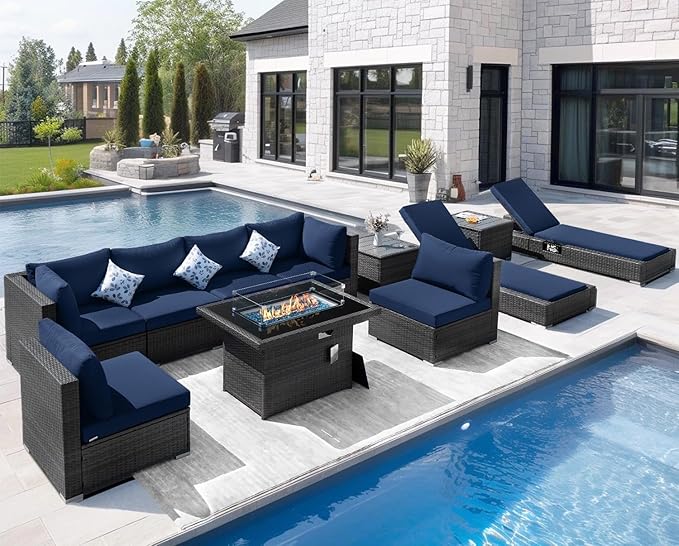 NICESOUL 11 Piece Outdoor Sectional with Fire Pit Table, 29.3'' High Back Rattan Patio Furniture Set with Firepit & Chaise Lounge, Large Deep Outdoor Sectional, 2 Color Cushion Navy Blue & Grey