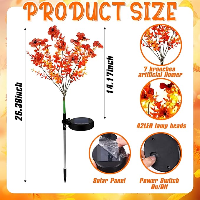 2 Pack Solar Stake Lights Outdoor Decor Waterproof Mums Artificial Flowers Solar Lights for Outdoor Garden Yard Pathway Decor (Orange,Violet)