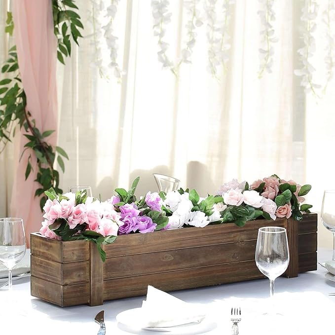 Efavormart 30"x6" Smoked Brown Wood Planter Box with Plastic Liner, DIY Rustic Rectangle Wooden Box for Succulents, Wedding Table Centerpieces and Farmhouse Decorations