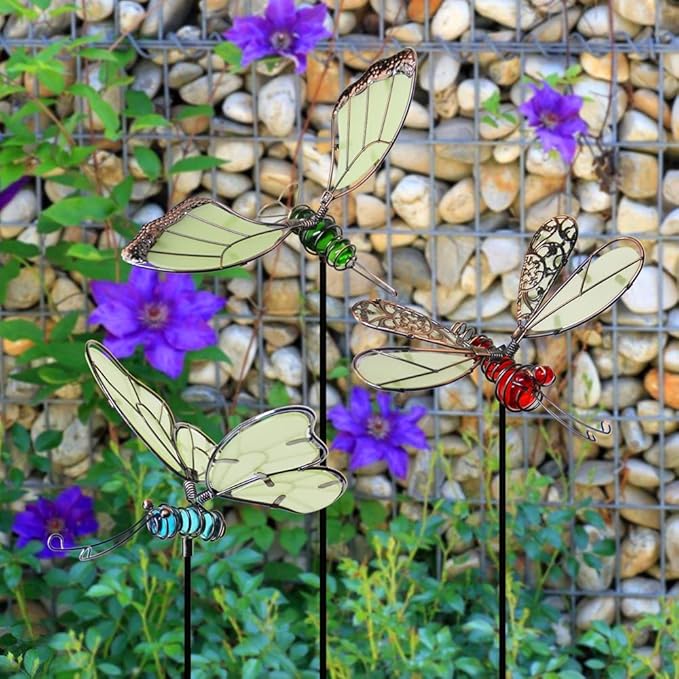 Juegoal 20 Inch Butterfly Garden Stakes Decor, Dragonfly Stakes, Hummingbird Glow in Dark Metal Yard Art for Mom, Mothers Day Ideal Gifts, Indoor Outdoor Lawn Pathway Patio Ornaments, Set of 3