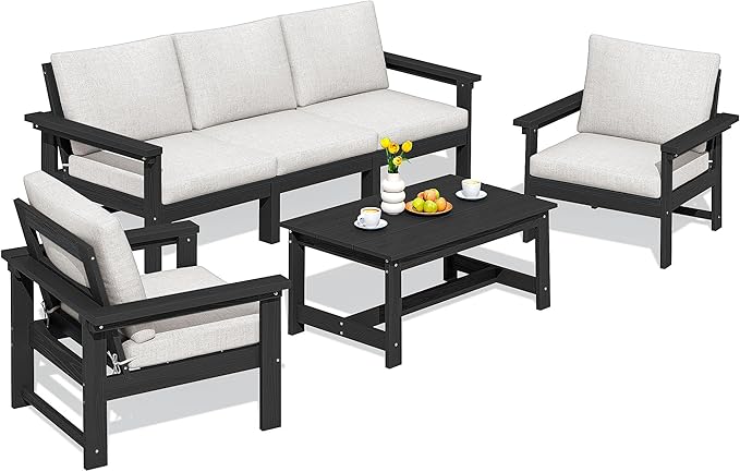 SERWALL HDPE Patio Conversation Set, 6-piece Sectional Outdoor Furniture Set, All Weather Outdoor Couch Set Patio Furniture Set for Deck, Lawn, Black Frame with Khaki Cushion