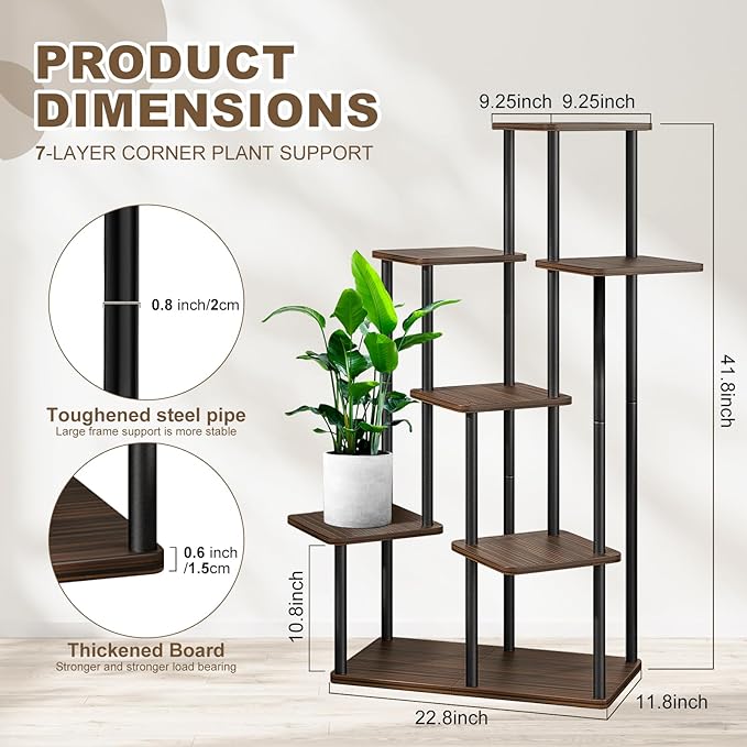 7 Tier Plant Stand Indoor, Thickened Metal Wood Corner Plant Shelf Stands for Multiple Plants, Indoor Tall Plants Stand Tiered Flower Holder for Living Room Patio Garden Balcony(Black+Oak)