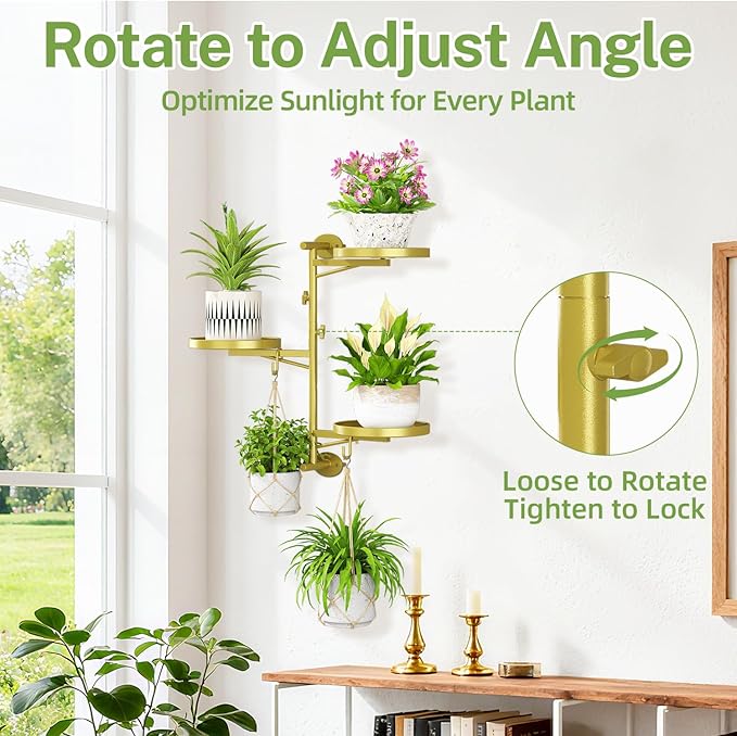 iDavosic.ly Rotating Window Plant Shelves, 3-Tier Metal Wall Stand with 2 Hooks, Flower Display Holder Rack for Living Room, Space Saving, Gold (Pots/Chains/Plants Not Included)