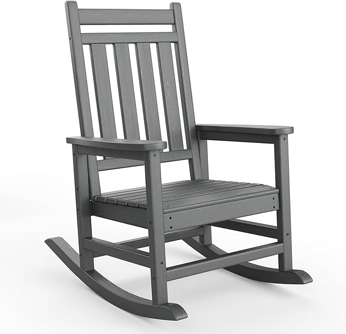 HDPE Rocking Chair Outdoor- Poly High Back Porch Rocker Chairs for Adults - All Weather Resistant Furniture for Patio Front Porch - Gray