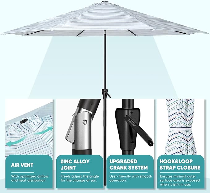Tempera Patio Market Outdoor Table Umbrella with Auto Tilt and Crank, Large Sun Umbrella with Sturdy Pole & Fade Resistant Canopy, Easy to Set