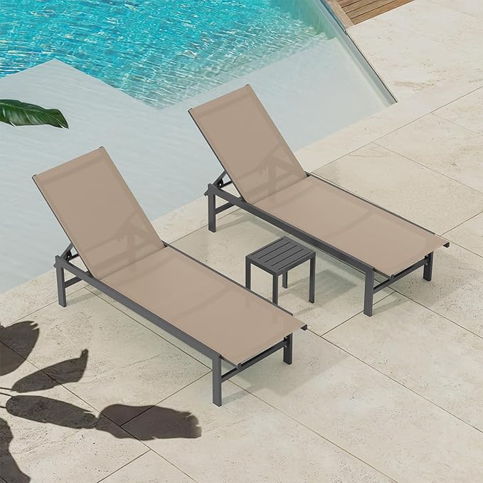 Outdoor Lounge Chairs Set of 3, Aluminum Chaise Lounge Chairs with 5-Position Recliner, Patio Lounge Chair for Backyard, Poolside, Deck, Lawn (Khaki)