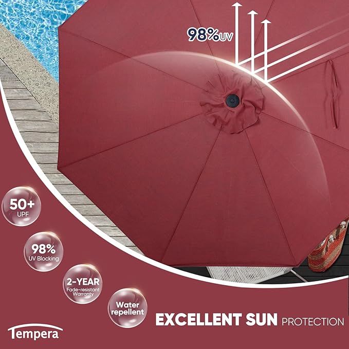 Tempera Patio Market Outdoor Table Umbrella with Auto Tilt and Crank, Large Sun Umbrella with Sturdy Pole & Fade Resistant Canopy, Easy to Set