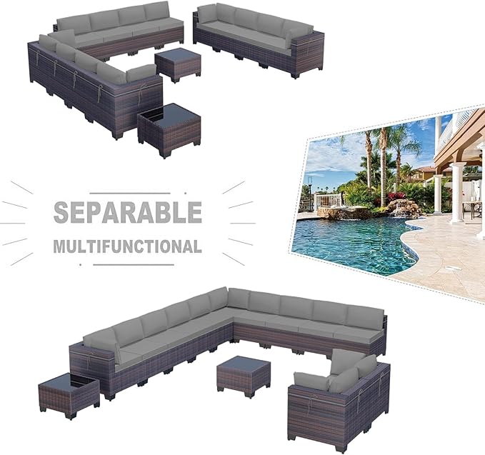 Kullavik 14 Pieces Outdoor Patio Furniture Set PE Wicker Rattan Sectional Sofa Patio Conversation Sets,Grey