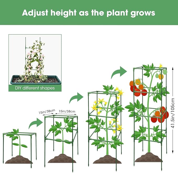 MQUPIN Tomato Cages,4 Packs Square Tomato Cage for Garden Plant Support,41 * 15 * 15in Heavy Duty Steel Plant Tower Stakes Trellis for Climbing Vegetables Flowers Fruits