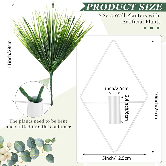 2 Pieces White Wall Decor Hanging Planters with Artificial Plants Metal Hanging Vase Indoor Plants Holder Modern Geometric Wall Art for Bathroom Bedroom Living Room Decor(Aquatic Plant)