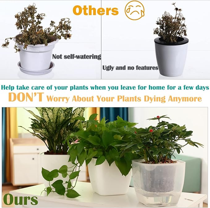 12-Pack Clear Self Watering Planters for Indoor Plants 7" Large African Violet Plant Pots Plastic Wick Flower Pots with Water Injection Hole, Orchid Plant Pot Set, Clear
