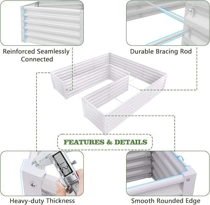 A ANLEOLIFE Set of 16, 18 Inch Tall Galvanized Raised Garden Beds Kit, Rectangular,U-Shaped & L Shaped Metal Planters – Ideal for Backyard Structured Garden Layouts, Antique White