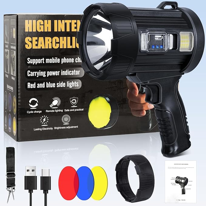 Rechargeable Spotlight,99,000 LM Super Bright Handheld Spot Light LED Flashlight High Lumens,Powered Spotlight Large Searchlight Outdoor with Solar Panels & COB Light for Boat Camping Hunting