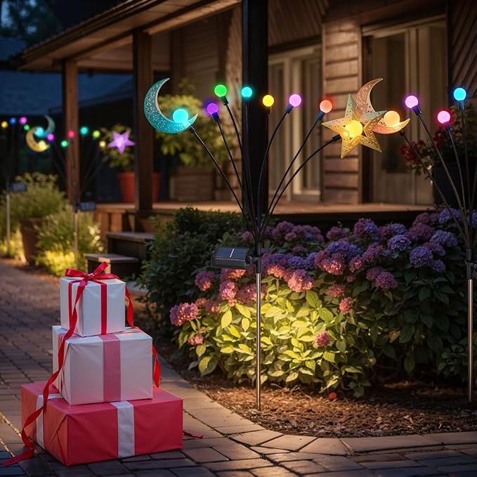 TAKE ME Solar Firefly Lights Outdoor Moon Star Sun Projection Stake Lights - Waterproof Solar Powered Garden Lights for Pathway, Yard, Patio Decor Color Changing