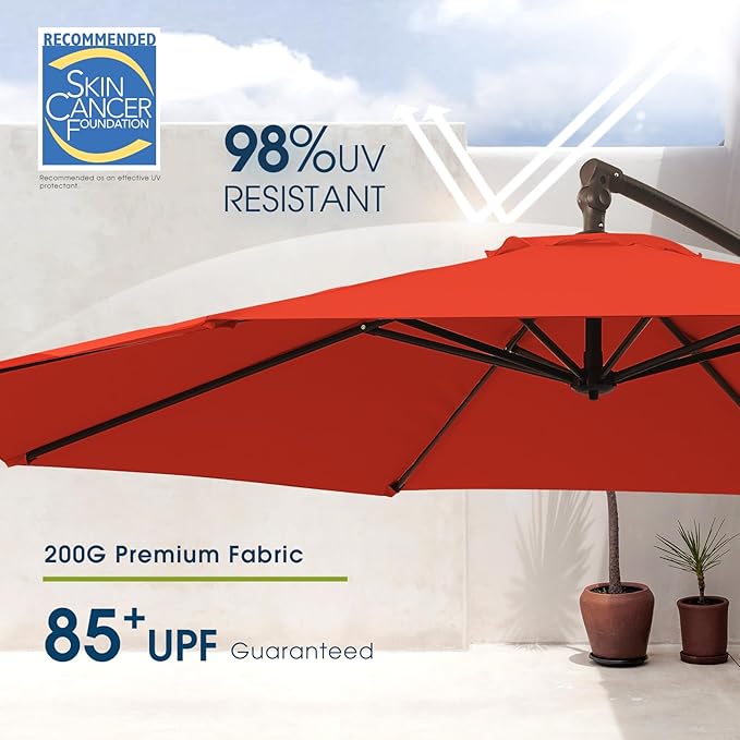 wikiwiki 10ft Patio Umbrella with Base Included, Outdoor Offset Cantilever Umbrella, Infinite Tilt, Crank and Cross Base, Light Red