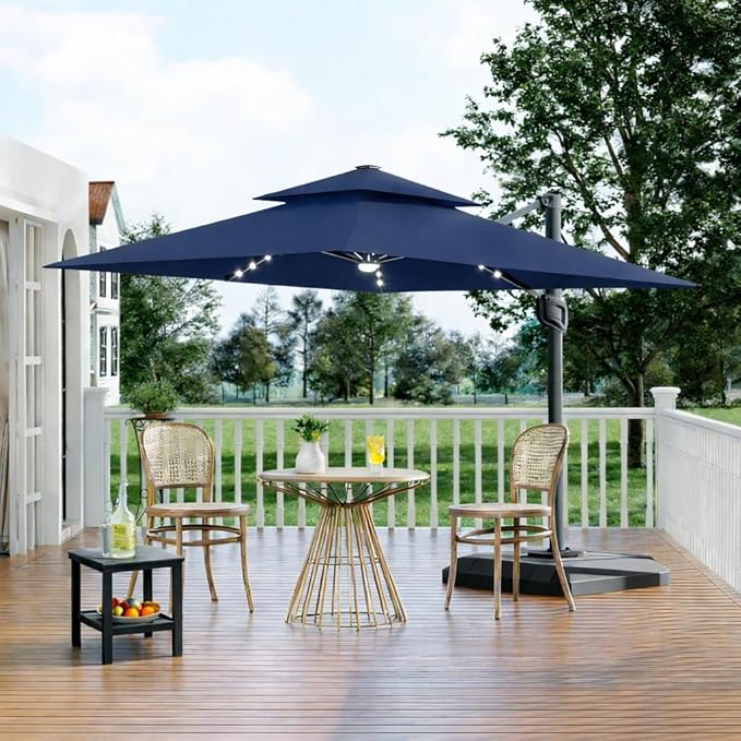 Garvee 10 ft Solar Lights Cantilever Patio Umbrella with Base Included, 360° Rotation Offset Umbrella, Easy Crank & Tilt Adjustment, UV Protection for Backyard, Poolside, Deck -Navy Blue