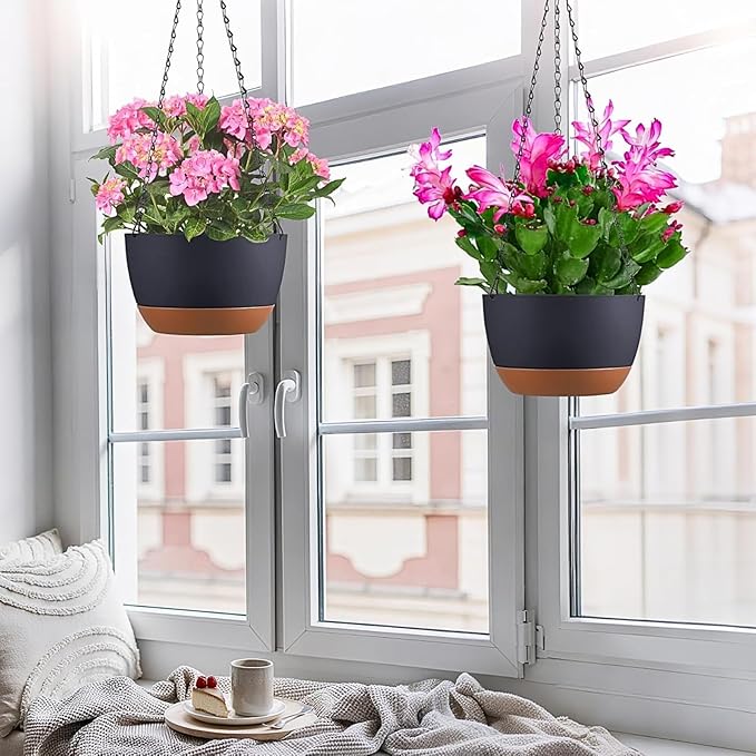 Hanging Planters for Indoor Plants, Set of 2 8/10 Inch Self-Watering Hanging Pots with Drainage Hole & Removable Water-Storage Tray II Screw-in Hooks