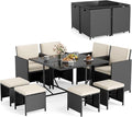 Tangkula 9 Piece Patio Dining Set, Rattan Chairs with Tempered Glass Table & Ottoman, Space Saving Wicker Sectional Conversation Set with Removable Cushions, Outdoor Furniture for Backyard Garden Deck