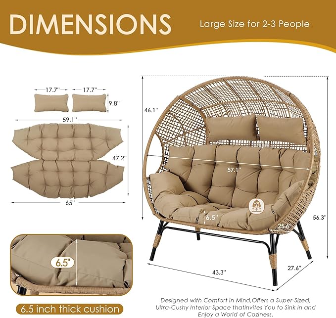 NICESOUL® Double Egg Chair Indoor Outdoor Stationary Oversized 6.5" Thick Padded Cushions,2 Person Wicker Egg Loveseat Chair,680 lbs Extra Wide Lounge Chair for Patio Balcony Porch Brown with Cover