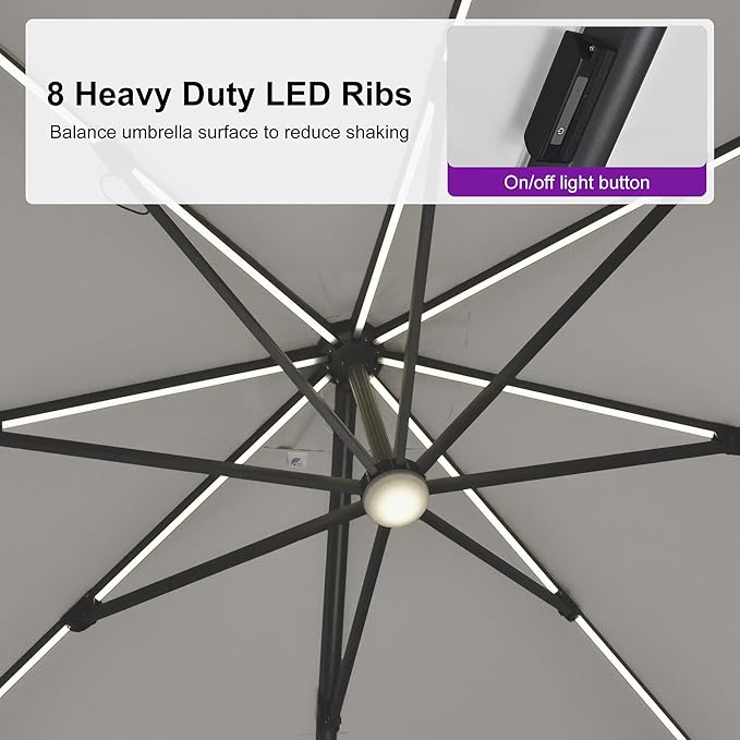 PURPLE LEAF 10 Feet Patio Umbrella with Base Outdoor Cantilever Solar Powered LED Swivel Square Umbrella Aluminum Offset Umbrella with 360-degree Rotation for Garden Deck Pool Patio White