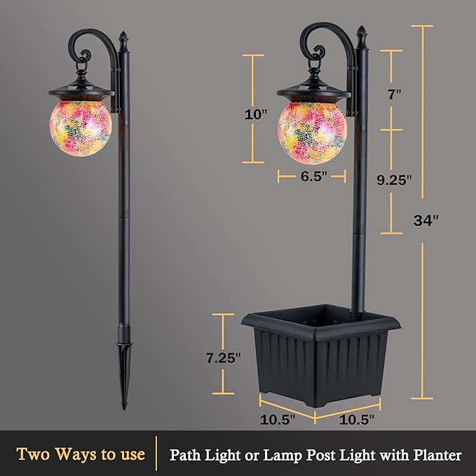 Solar Lamp Post Light with Planter, Matte Black Outdoor Flower Pots with Mosaic Glass, 2 in 1 Waterproof Solar Outdoor Lights for Porch Front Door Patio