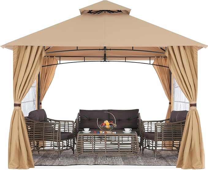 MASTERCANOPY Patio Gazebo Steel Frame Outdoor Gazebo with Windows Curtains (10x12,Beige)