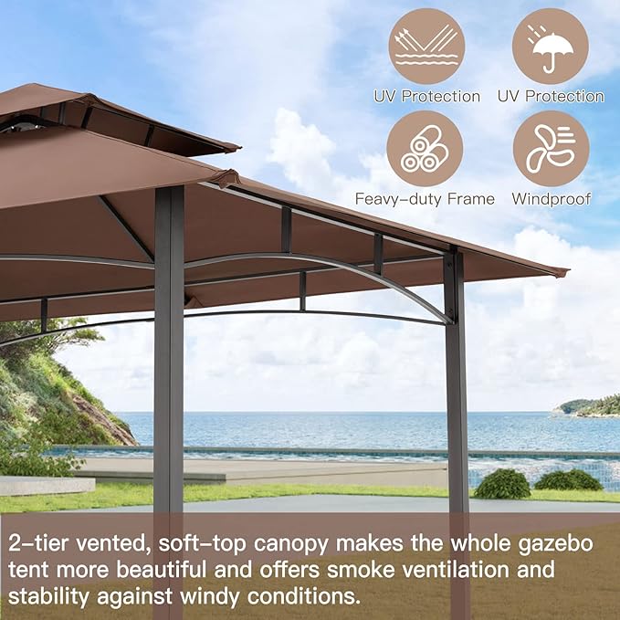 AECOJOY 8' x 5' Outdoor Grill Gazebo Canopy, BBQ Canopy for Outdoor Grill, 2- Tier BBQ Grill Gazebo Shelter for Patio, Backyard and More (Brown)