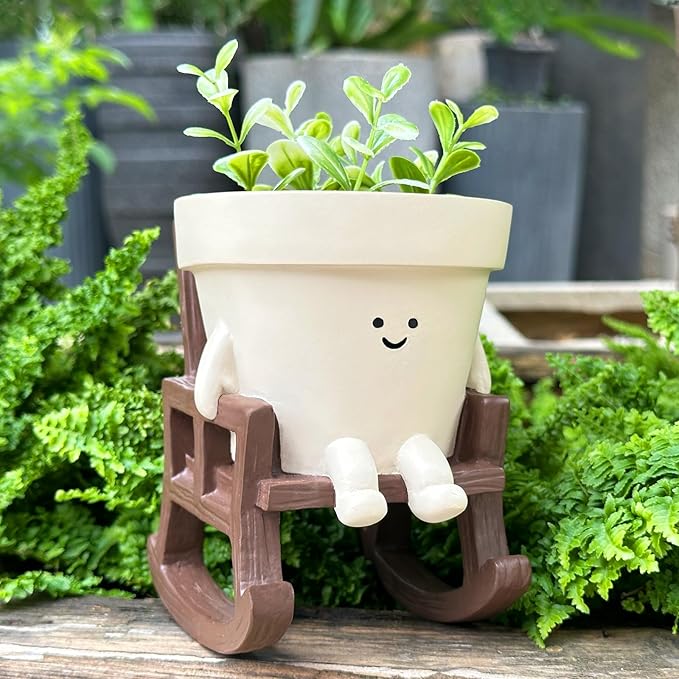 Smiley Face Planter Pot Small, Cute Resin Flower Head Planters for String of Pearls Plant Live Indoor Outdoor Unique Sit Rocking Chair Succulent Pots Gift Ideas for Family Friends with Drainage Hole