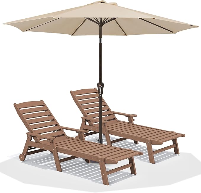 SERWALL Patio Chaise Lounge Chair Set of 2 with 9FT Patio Umbrella, 78'' HDPE Outdoor Lounger, Poly Lounge Chair with Rolling Wheels & Cup Holder for Pool,Wooden Brown (Umbreall Base not Included)