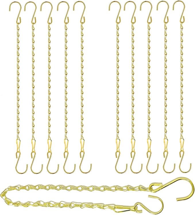 RIFNY Gold Chain for Hanging Plants, 20 Inch Small Plant Chains for Hanging Baskets Kits with Hooks for Bird Feeders Planters Billboards Lanterns Wind Chimes Ornaments Outdoor Indoor Use (10 PCS)