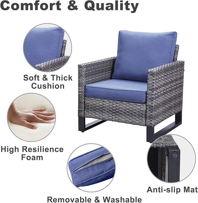 Belord Outdoor Bistro Set 3 Piece Outdoor Wicker Patio Chairs, Oversize Outdoor Rattan Seating Set, All-Weather Chairs Wicker Furniture with Metal Side Table and Water-Resistant Cushion for Outside
