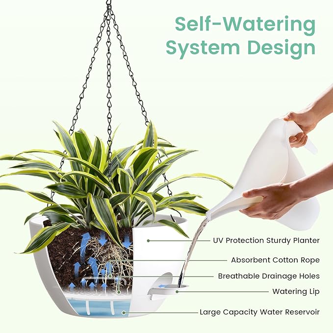 Set of 3-10 Inch Self Watering Hanging Planters for Indoor Outdoor，Hanging Plant Pots with Drainage & Removable Tray, Hanging Pots for Pothos Plant, Spider Plants, Ferns, Balcony & Patio, White