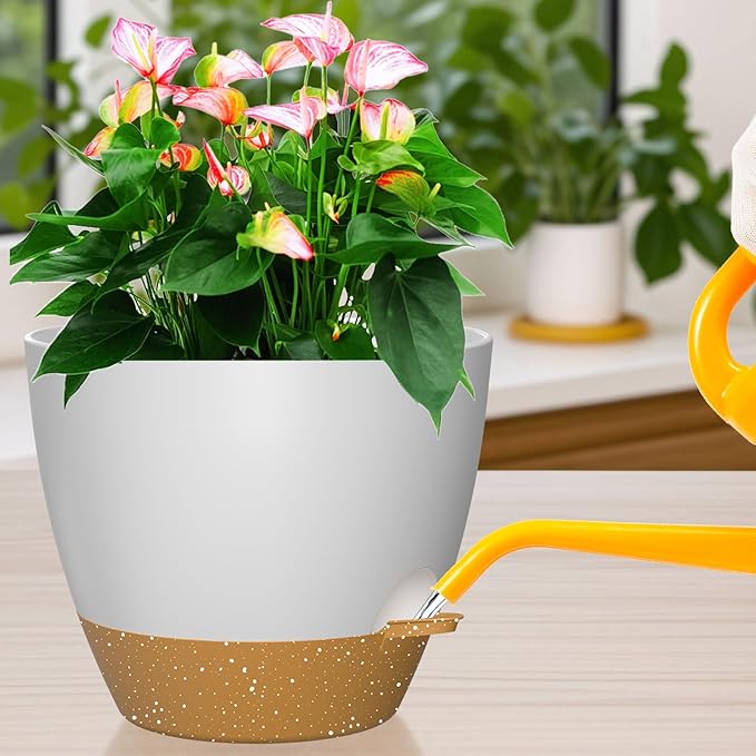 12 Inch Large Self Watering Pots, Flower Pots with Multi-Mesh Drainage Holes and Saucer, Planters for Indoor and Outdoor Garden Plants (White with Brown)